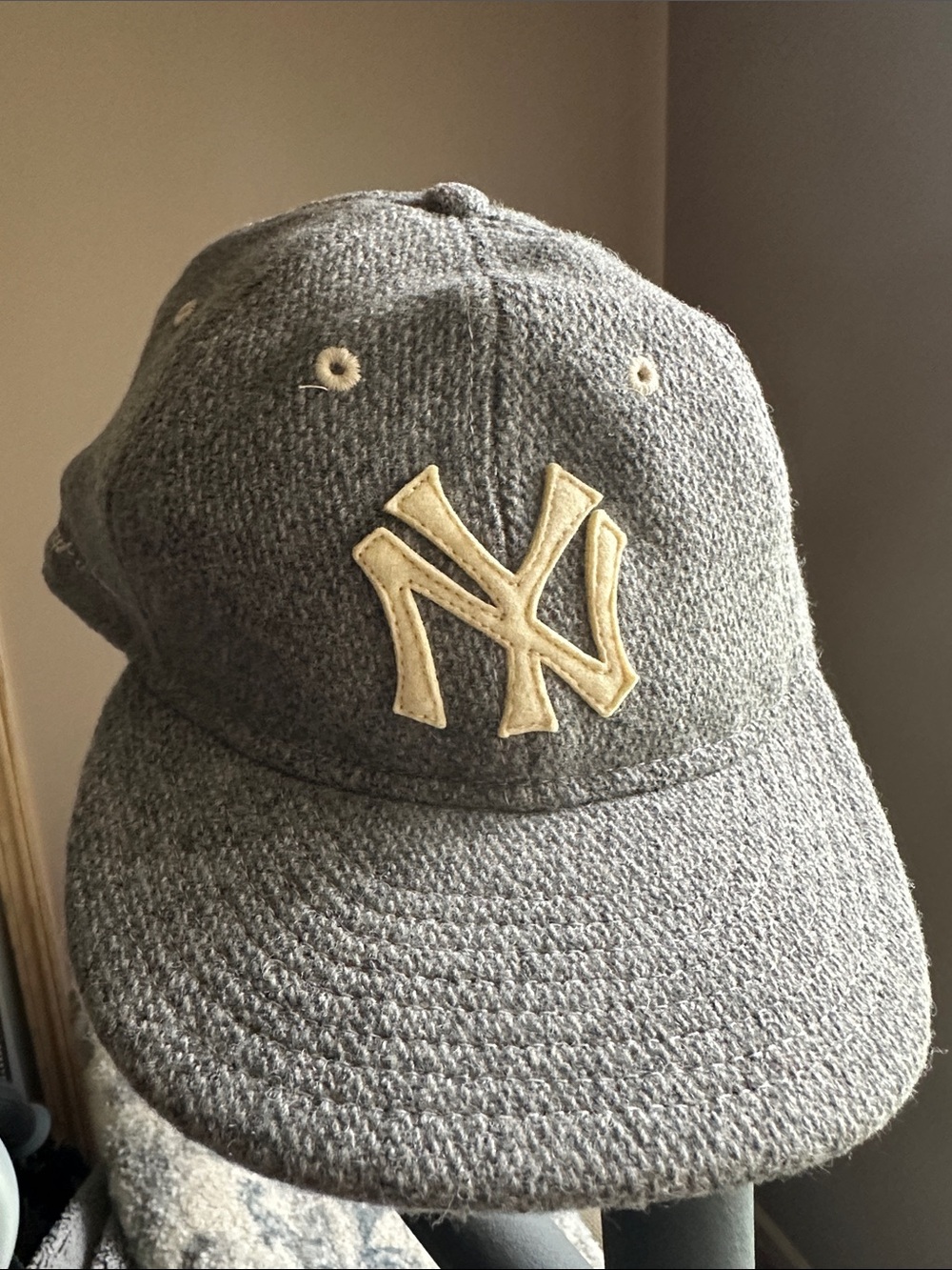 Ralph Lauren Gray Wool-Blend NY Logo Cap with Cream Accents